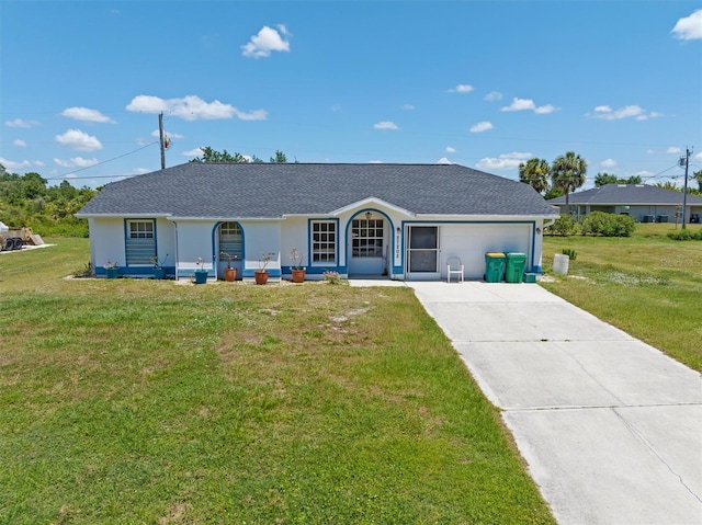 single story home with a garage and a front yard