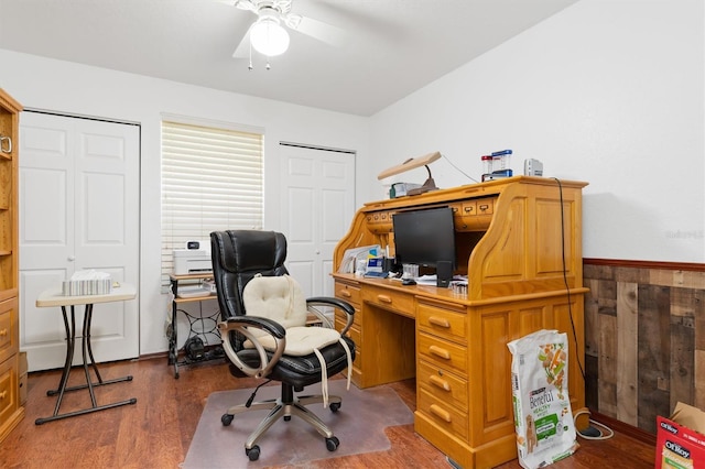 office featuring wood-type flooring and ceiling fan