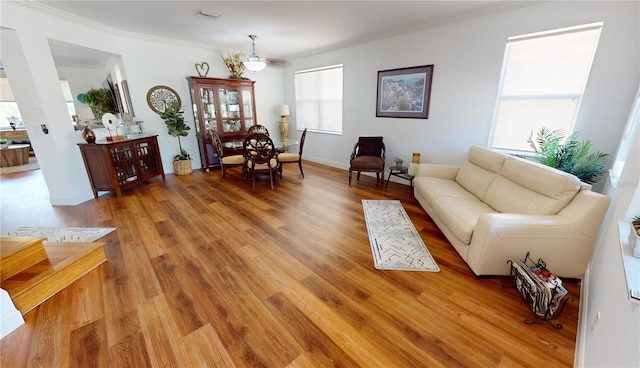 living room with ornamental molding, light hardwood / wood-style floors, and a healthy amount of sunlight