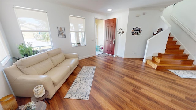 living room with ornamental molding and wood-type flooring