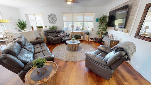 living room featuring crown molding, ceiling fan, and hardwood / wood-style floors