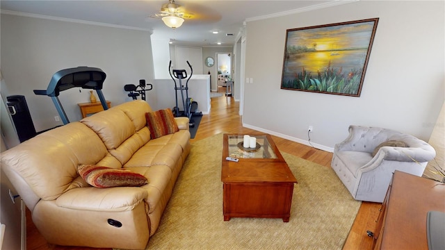 living room with ornamental molding, ceiling fan, and light hardwood / wood-style floors