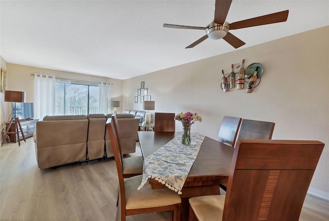 dining area with ceiling fan and light wood-type flooring