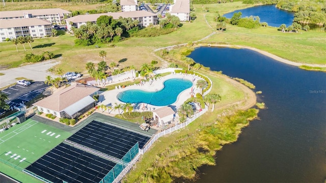 bird's eye view with a water view