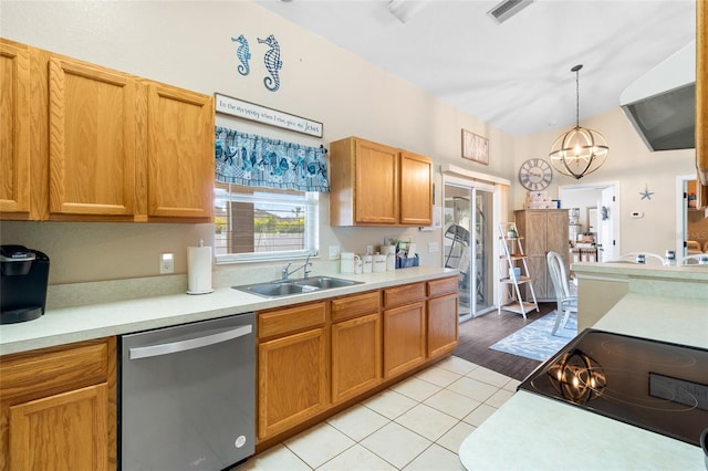 kitchen featuring light wood-type flooring, pendant lighting, lofted ceiling, dishwasher, and a chandelier