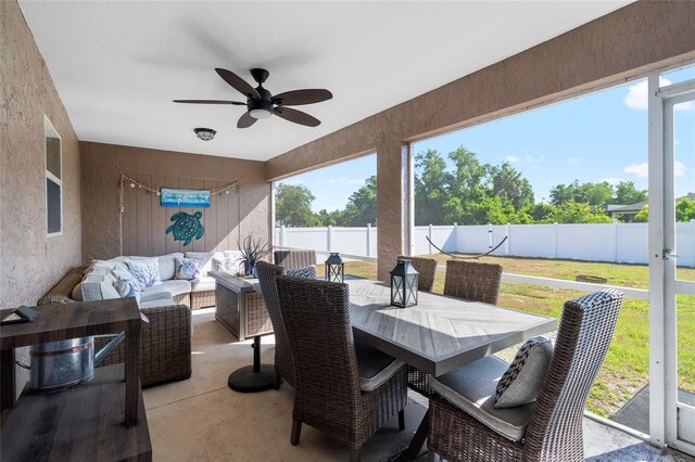 view of patio / terrace featuring ceiling fan and an outdoor hangout area