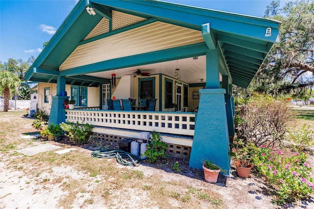 view of front of house featuring covered porch and ceiling fan