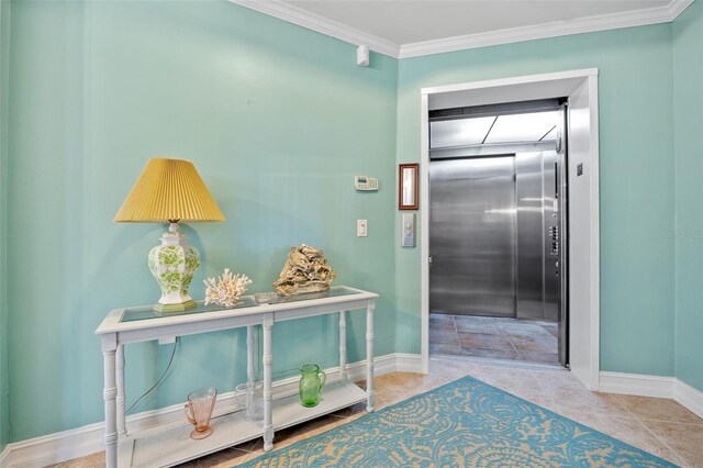 interior space featuring crown molding and elevator