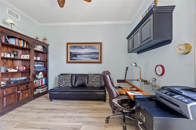 office space featuring ceiling fan, light hardwood / wood-style floors, and ornamental molding