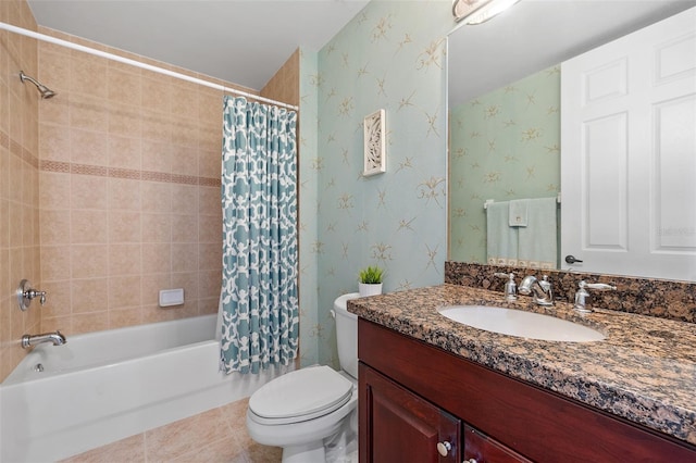 full bathroom featuring tile flooring, toilet, shower / tub combo, and oversized vanity