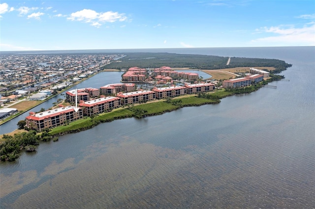 bird's eye view with a water view