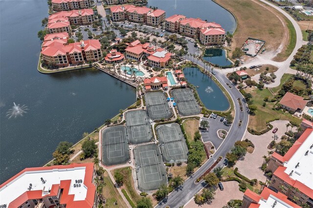 drone / aerial view with a water view