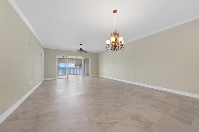 tiled empty room featuring ceiling fan with notable chandelier and ornamental molding