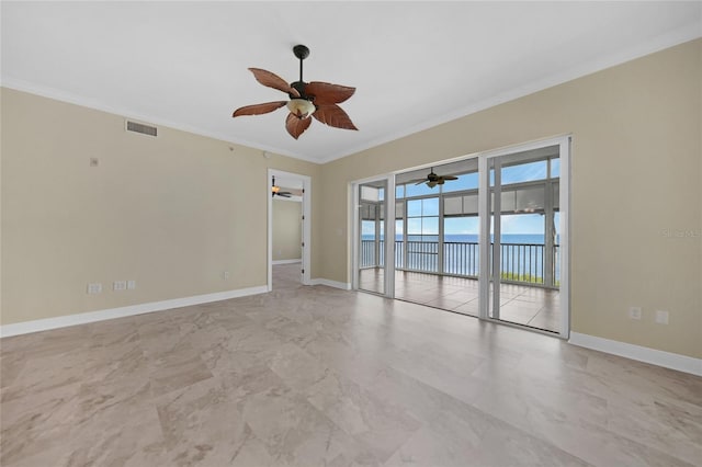 unfurnished room with a water view, ceiling fan, crown molding, and light tile flooring