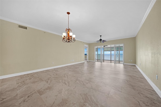 tiled spare room with ceiling fan with notable chandelier and crown molding