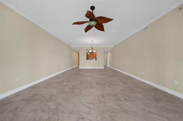 tiled empty room with ceiling fan with notable chandelier and crown molding