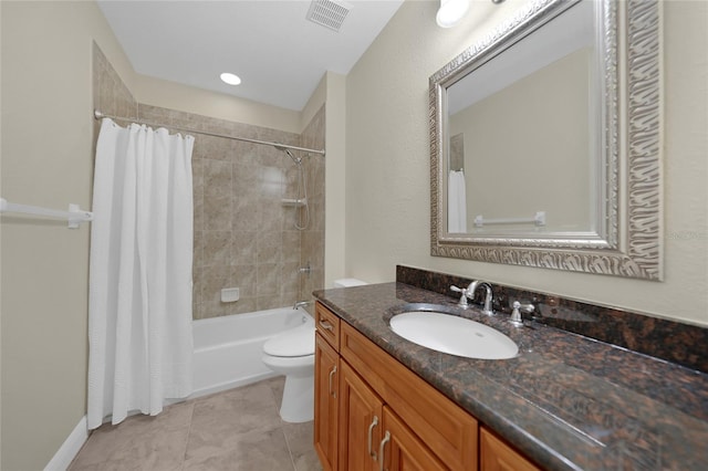 full bathroom featuring oversized vanity, toilet, shower / bathtub combination with curtain, and tile floors