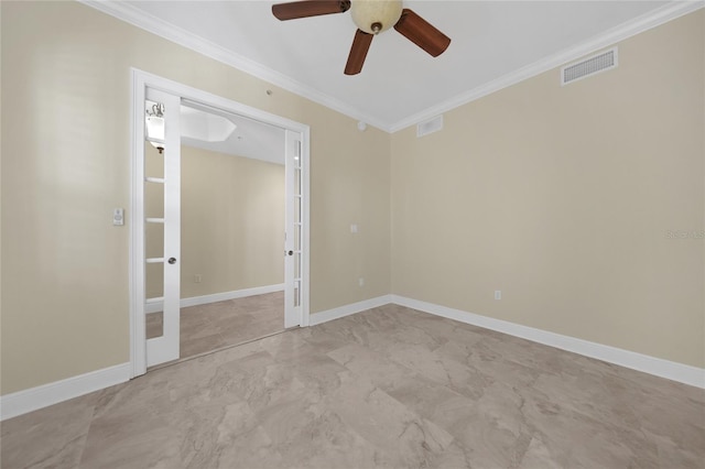 unfurnished bedroom with ornamental molding, tile floors, and ceiling fan