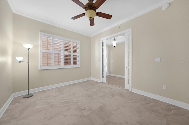 unfurnished bedroom featuring ornamental molding, tile floors, and ceiling fan