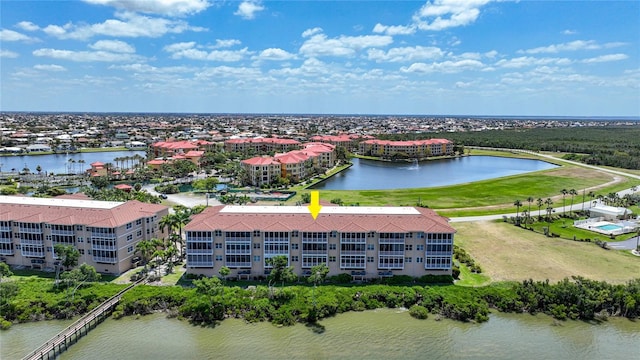 drone / aerial view featuring a water view