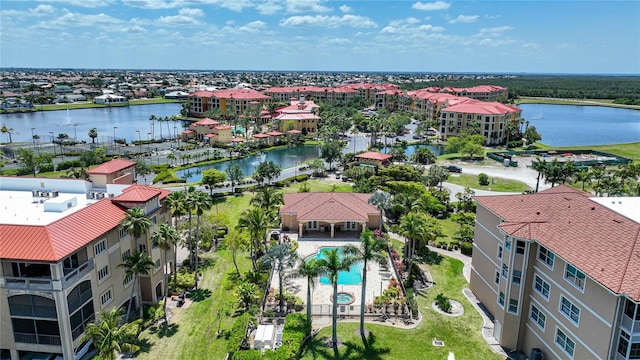 aerial view featuring a water view