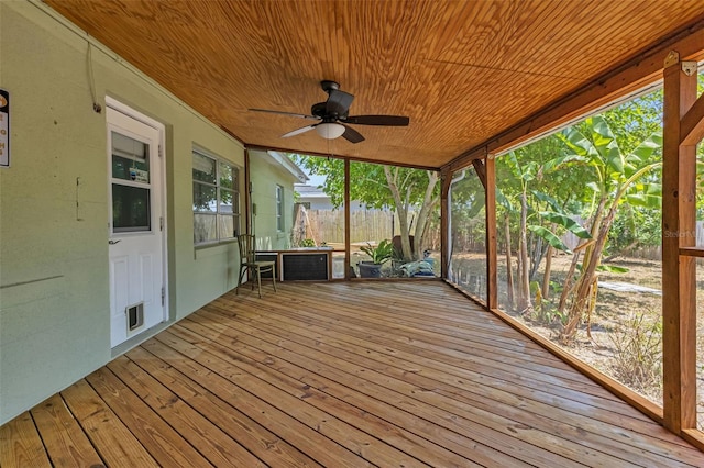 unfurnished sunroom with ceiling fan and wood ceiling