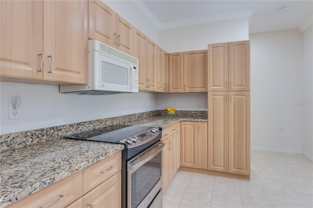 kitchen with light brown cabinets, light stone countertops, stainless steel electric range oven, light tile flooring, and ornamental molding