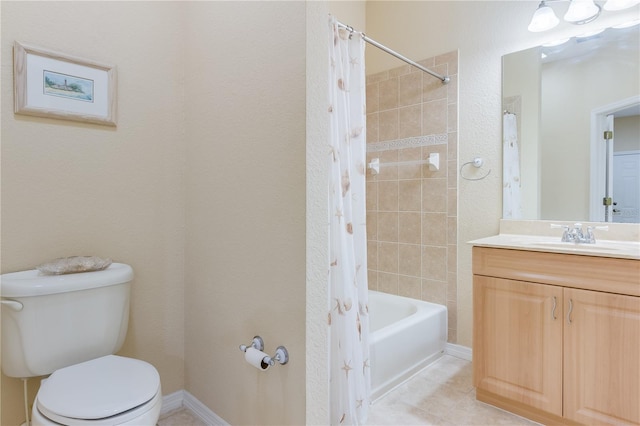 full bathroom with vanity, toilet, tile floors, and shower / tub combo with curtain