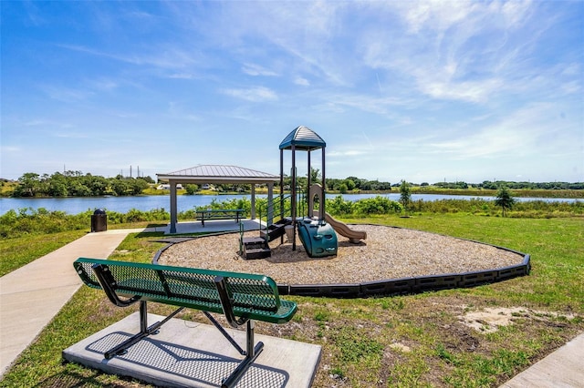 view of play area featuring a gazebo, a water view, and a yard