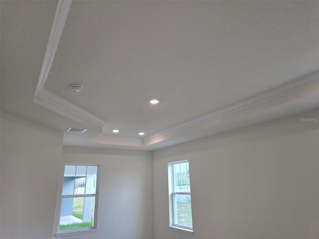 interior details featuring a tray ceiling and ornamental molding