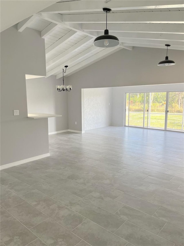 empty room featuring high vaulted ceiling, beamed ceiling, tile flooring, and a chandelier