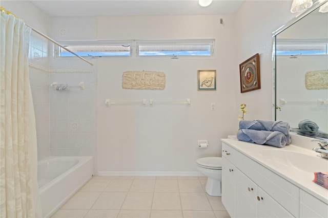 full bathroom featuring toilet, plenty of natural light, shower / tub combo with curtain, and tile patterned flooring