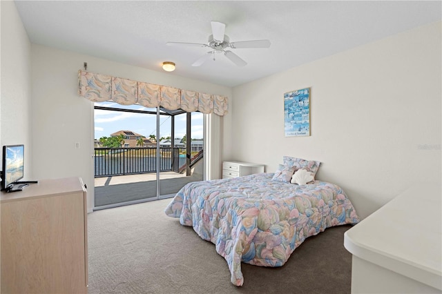 bedroom featuring light colored carpet, ceiling fan, and access to outside