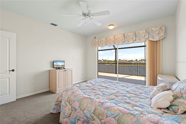 carpeted bedroom with ceiling fan and access to outside