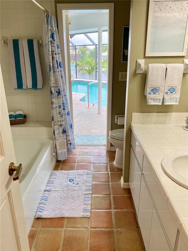 full bathroom featuring shower / bathtub combination with curtain, vanity, toilet, and tile floors