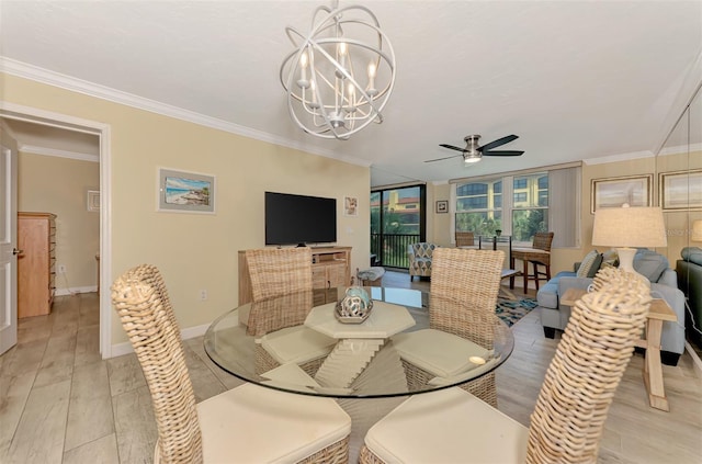 dining space with ceiling fan with notable chandelier, ornamental molding, and light wood-type flooring