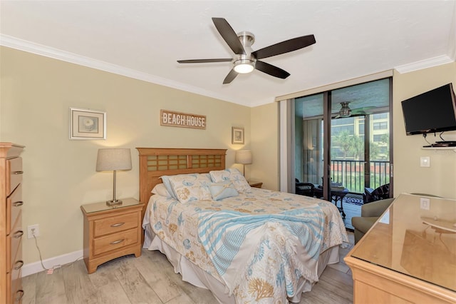 bedroom featuring ceiling fan, light hardwood / wood-style floors, ornamental molding, and access to outside