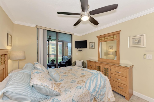 bedroom with light carpet, floor to ceiling windows, access to outside, ceiling fan, and crown molding