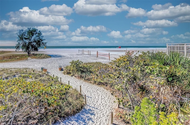 view of water feature featuring a beach view