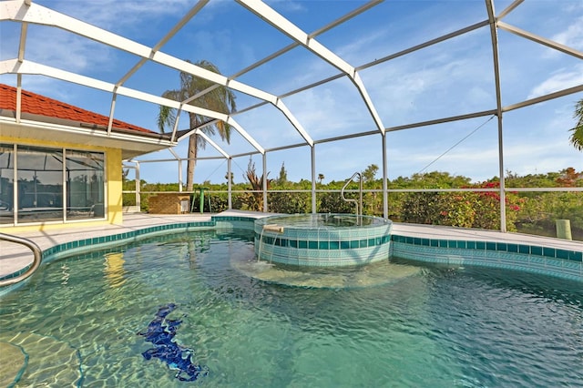 view of pool featuring glass enclosure and an in ground hot tub