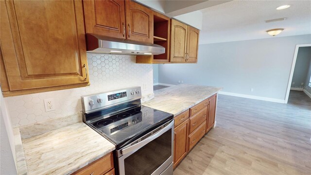 kitchen featuring light hardwood / wood-style floors, backsplash, and stainless steel range with electric cooktop