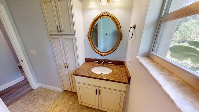 bathroom with vanity and wood-type flooring