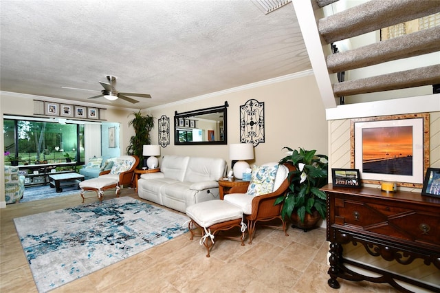 tiled living room with crown molding, a textured ceiling, and ceiling fan