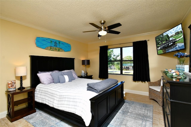 bedroom featuring a textured ceiling, ceiling fan, crown molding, and light tile floors