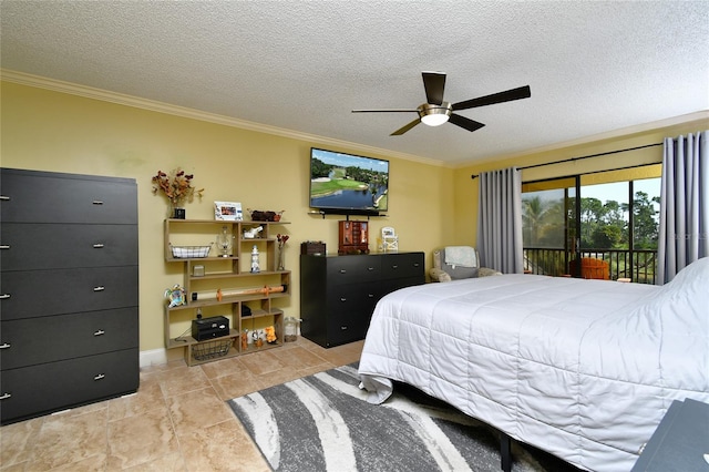 tiled bedroom with crown molding, ceiling fan, a textured ceiling, and access to outside