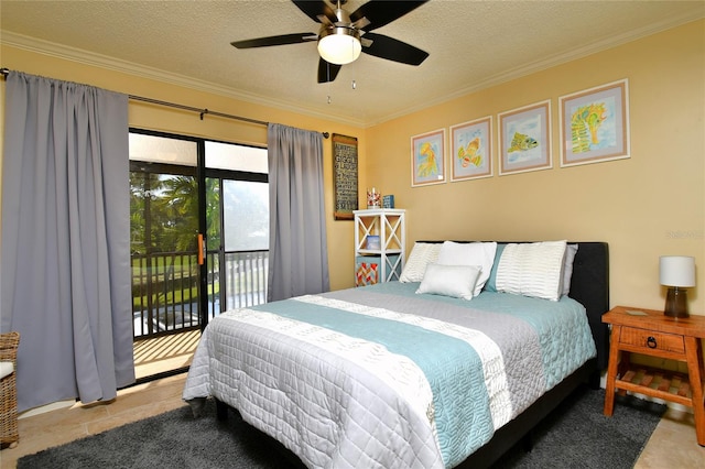 bedroom featuring access to outside, tile floors, a textured ceiling, and ceiling fan