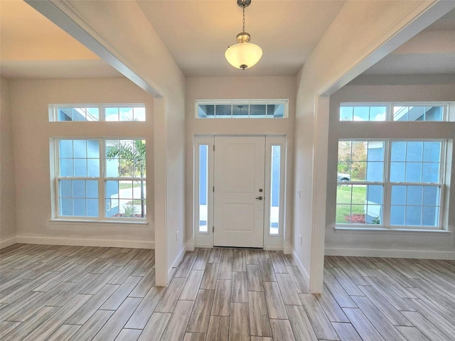 entryway with a wealth of natural light and light hardwood / wood-style floors