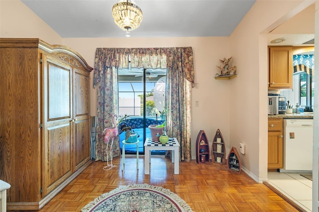 interior space with light parquet floors