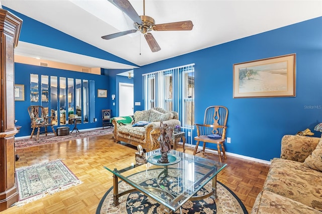 living room featuring lofted ceiling, parquet floors, and ceiling fan