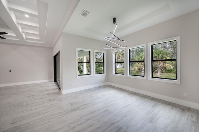 empty room featuring a raised ceiling, light hardwood / wood-style flooring, and a wealth of natural light